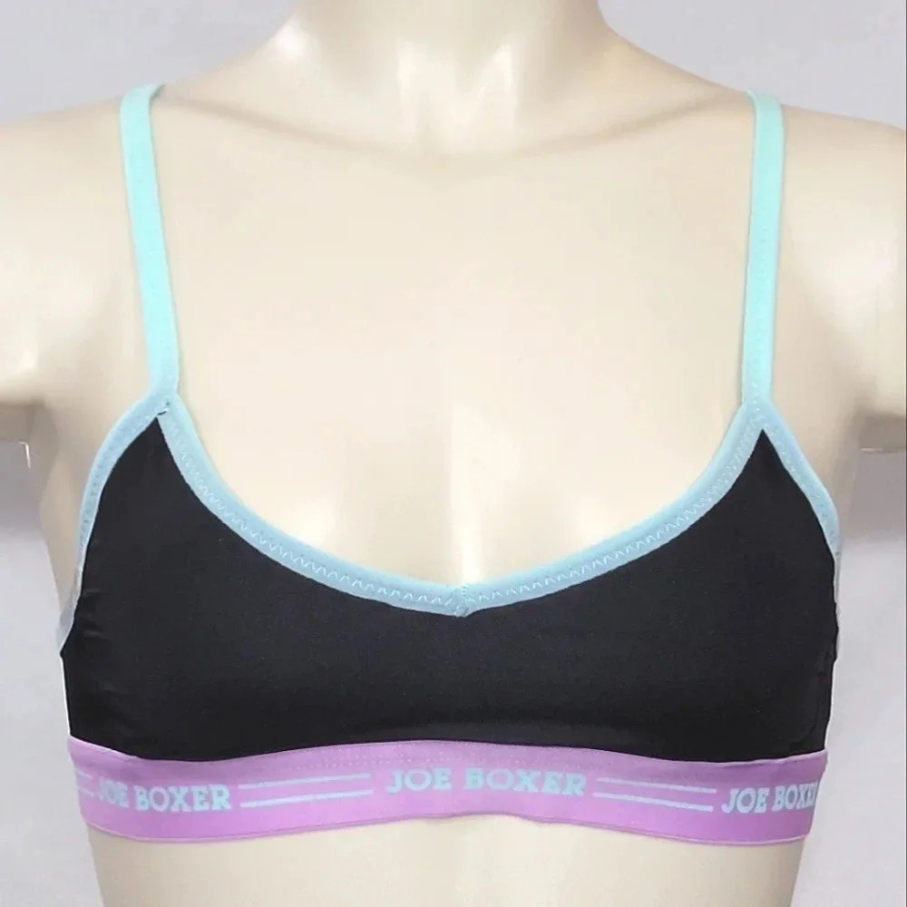 Joe Boxer S1180 Mesh Back V-Neck Wire Free Wireless Sports Bra SMALL Black Aqua